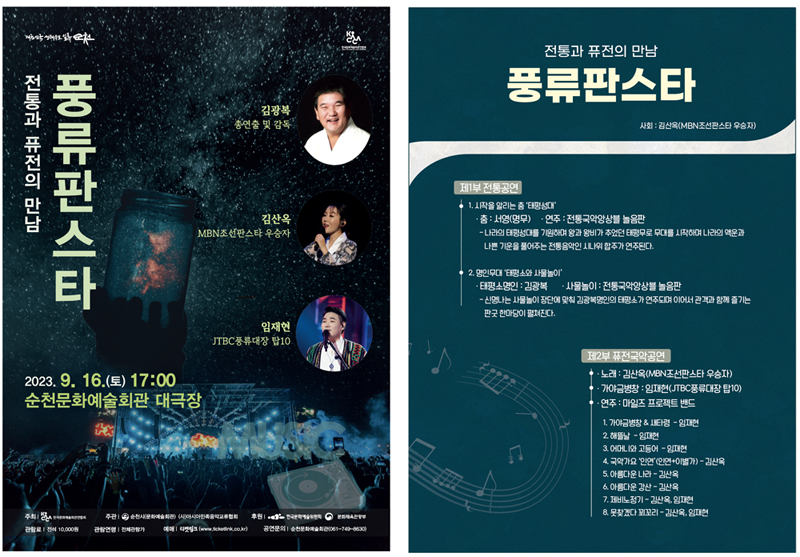전통과 퓨전의 만남 풍류판스타
김광복 총연출 및 감독
김산옥 MBN조선판스타 우승자
임재현 JTBC풍류대장 탑10
2023.9.16.(토) 17시 순천문화예술회관 대극장
전통과 퓨전의 만남 풍류판스타 사회 김신옥(MBN조선판스타 우승자)
제1부 전통공연
1. 시작을 알리는 춤 태평성대
춤 서영(명무) 연주 전통국악앙상블 놀음판
나라의 태평성대를 기원하며 왕과 왕비가 추었던 태평무로 무대를 시작하며 나라의 액운과 나쁜 기운을 풀어주는 전통음악인 시나위 합주가 연주된다.
2. 명인무대 태평소와 사물놀이
태평소명인 김광복 사물놀이 전통국악앙상블 놀음판
신명나는 사물놀이 장단에 맞춰 김광복명인의 태평소가 연주되며 이어서 관객과 함께 즐기는 판굿 한마당이 펼쳐진다
제2부 퓨전국악공연
노래 김산옥(MBN조선판스타 우승자)
가야금병창 임재현(JTBC풍류대장 탑10)
연주 마일즈 프로젝트 밴드
1. 가야금병창 앤 새타령 임재현
2. 해뜰날 임재현
3. 어머니와 고등어 임재현
4. 국앆가요 인연(인연 이별가) 김산옥
5. 아름다운 나라 김산옥
6. 아름다운 강산 김산옥
7. 제비노정기 김산옥, 임재현
8. 못찾겠다 꾀꼬리 김산옥, 임재현