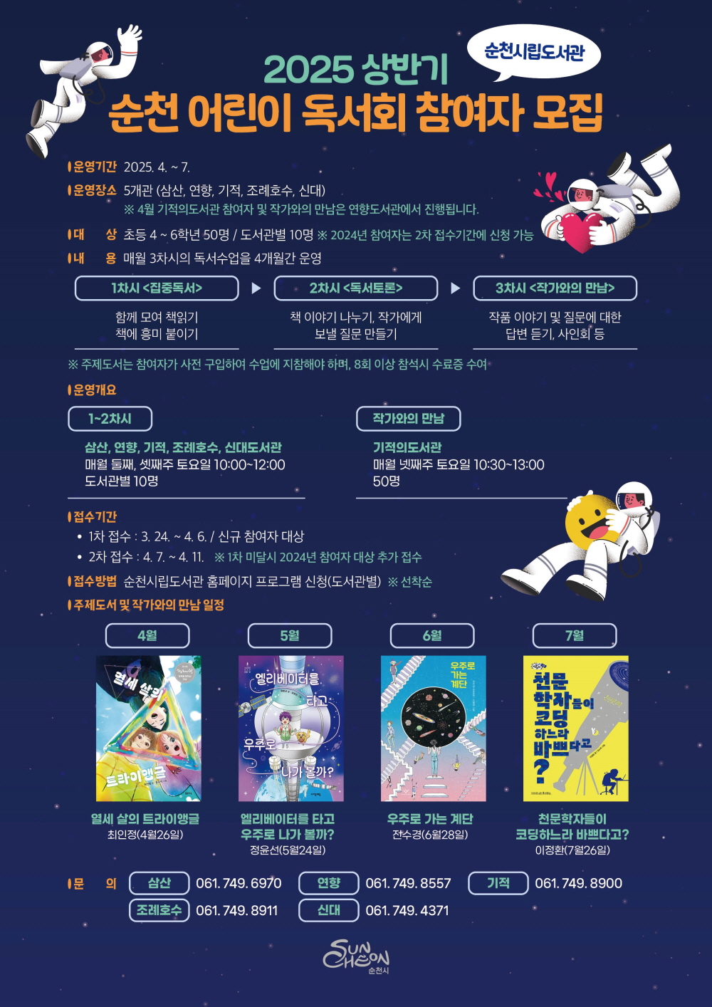 순천시립도서관 2025 상반기 순천 어린이 독서회 참여자 모집 운영기간 2025년 4월부터 7월 운영장소 5개관 삼산 연향 기적 조례호수 신대 4월 기적의 도서관 참여자 및 작가와의 만남은 연향도서관에서 진행됩니다 대상 초등 4에서 6학년 50명 도서관별 10명 2024년 참여자는 2차 접수기간에 신청가능 내용 매월 3차시의 독서수업을 4개월간 운영 1차시 집중독서 함께모여 책읽기 책에 흥미붙이기 2차시 독서토론 책이야기 나누기 작가에게 보낼 질문 만들기 3차시 작가와의 만남 작품이야기 및 질문에 대한 답변듣기 사인회 등 주제도서는 참여자가 사전 구입하여 수업에 지참해야 하며 8회 이상 참석시 수료증 수여 운영개요 1 2 차시 삼산 연향 기적 조례호수 신대도서관 매월 둘째 셋째주 토요일 10시부터 12시 도서관별 10명 작가와의 만남 기적의 도서관 매월 넷째주 토요일 10시 30부터 13시 50명 접수기간 1차 접수 3월 24일부터 4월 6일 신규참여자 대상 2차 접수 4월 7일부터 4월 11일 1차 미달시 2024년 참여자 대상 추가 접수 접수방법 순천시립도서관 홈페이지 프로그램 신청 도서관별 선착순 주제도서 및 작가와의 만남 일정 4월 열세살의 트라이앵글 최인정 4월 26일 5월 엘리베이터를 타고 우주로 나가볼까 정윤선 5월 24일 6월 우주로 가는 계단 전수경 6월 28일 천문학자들이 코딩하느라 바쁘다고 이정환 7월 26일 문의 삼산 061 749 6970 연향 061 749 8557 기적 061 749 8900 조례호수 061 749 8911 신대 061 749 4371 순천시