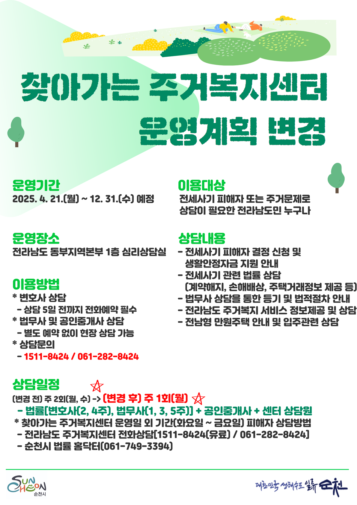 찾아가는 주거복지센터 운영계획 변경 운영기간 2025년 4월 21일 월부터 12월 31일 수 예정 운영장소 전라남도 동부지역본부 1층 심리상담실 이용방법 변호사 상담 상담 5일 전까지 전화예약 필수 법무사 및 공인중개사 상담 별도 예약 없이 현장상담 가능 상담문의 1522 8424 061 282 8424 이용대상 전세사기 피해자 또는 주거문제로 상담이 필요한 전라남도민 누구나 상담내용 전세사기 피해자 결정 신청 및 생활안정자금 지원 안내 전세사기 관련 법률 상담 계약해지 손해배상 주택거래정보 제공 등 법무사 상담을 통한 등기 및 법적절차 안내 전라남도 주거복지 서비스 정보제공 및 상담 전남형 만원주택 안내 및 입주관련 상담 상담일정 변경전 주 2회 월수 변경후 주 1회 월 법률 변호사 24주 법무사 135주 공인중개사 센터 상담원 찾아가는 주거복지센터 운영일 외 기간 화요일부터 금요일 피해자 상담방법 전라남도 주거복지센터 전화상담 1511 8424 유료 061 282 8424 순천시 법률 홈닥터 061 749 3394 순천 대한민국 생태수도 일류순천
