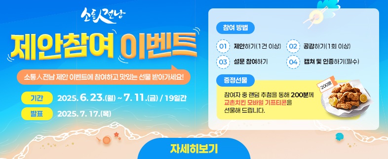 소통인전남 제안참여 이벤트 소통인전남 제안이벤트에 참여하고 맛있는 선물 받아가세요 기간 2025년 6월 23일 월부터 7월 11일 금 19일간 발표 2025년 7월 17일 목 참여방법 1 제안하기 1건이상 2 공감하기 1회이상 3 설문참여하기 4 캡쳐 및 인증하기 필수 증정선물 참여자 중 랜덤추첨을 통해 200분께 교촌치킨 모바일 기프티콘을 선물해드립니다 자세히보기 200명