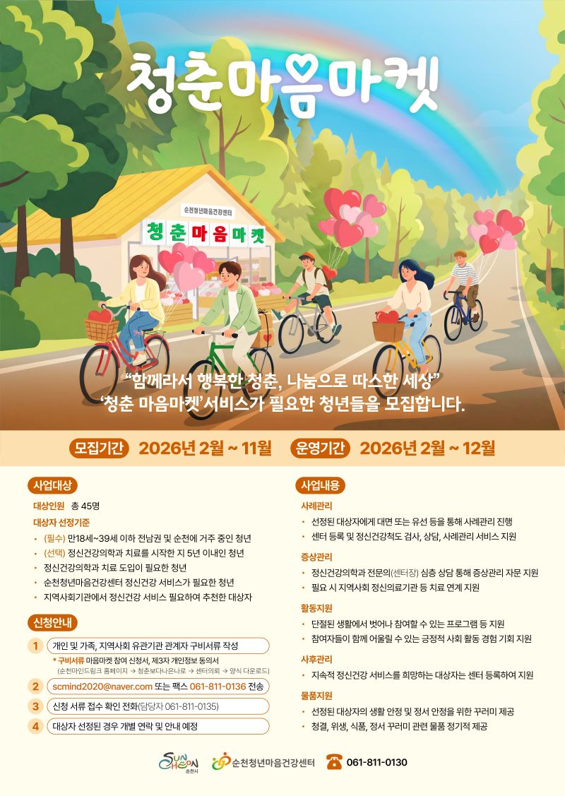 이 포스터는 청춘 마음마켓이라는 프로그램을 홍보하며, 젊은 세대의 행복과 나눔을 주제로 하고 있습니다. 밝고 화사한 일러스트레이션이 특징이며, 무지개가 드리워진 푸른 하늘 아래, 숲이 우거진 길을 따라 네 명의 젊은이들이 자전거를 타고 즐겁게 이동하는 모습이 생동감 있게 그려져 있습니다. 자전거 바구니에는 하트 모양 물건이 담겨 있고, 풍선 다발이 떠다니며 긍정적이고 따뜻한 분위기를 자아냅니다. 배경에는 순천청년마음건강센터로 보이는 건물이 있으며, 프로그램의 모집 기간(2026년 2월 ~ 11월)과 운영 기간(2026년 2월 ~ 12월), 그리고 사업 대상과 내용(사례관리, 증상관리, 활동지원, 사후관리, 물품지원 등)에 대한 상세한 안내가 한국어로 명시되어 있습니다. 전체적으로 희망차고 건강한 청년 지원 프로그램의 이미지를 전달합니다.