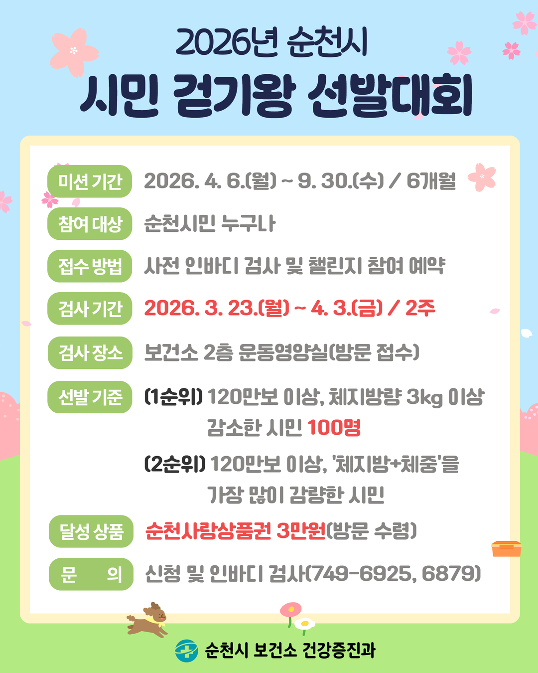 이 포스터는 2026년 순천시에서 개최되는 시민 걷기왕 선발대회에 대한 정보를 안내하고 있습니다. 밝고 화사한 배경에 벚꽃 장식이 더해져 활기찬 분위기를 연출합니다. 주요 내용은 6개월간 진행되는 미션 기간(2026년 4월 6일 ~ 9월 30일), 순천시민 누구나 참여 가능하며 사전 인바디 검사 및 챌린지 참여 예약을 통해 접수함을 명시하고 있습니다. 특히, 선발 기준으로는 1순위(120만보 이상, 체지방량 3kg 이상 감소한 시민 100명)와 2순위(120만보 이상, 체지방+체중을 가장 많이 감량한 시민)를 상세히 안내하며 건강 증진에 대한 목표를 강조합니다. 달성 상품으로는 순천사랑상품권 3만원이 제공되며, 신청 및 인바디 검사 관련 문의처 전화번호도 함께 기재되어 있습니다. 본 행사는 순천시 보건소 건강증진과 주관입니다.