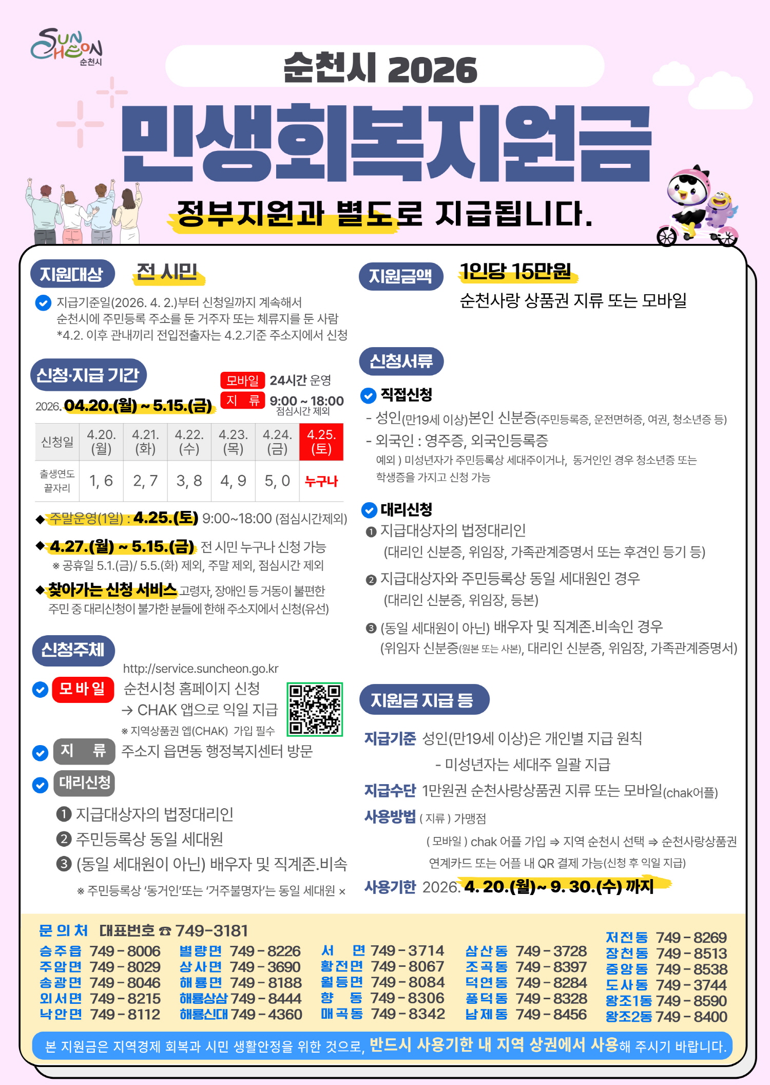 순천시는 2026년, 모든 시민의 든든한 일상을 지원하기 위해 민생회복지원금을 새롭게 선보입니다. 1인당 15만원이 지급되는 이 특별한 지원금은 시민 여러분의 생활 안정과 지역 경제 활성화에 큰 힘이 될 것입니다. 2026년 4월 20일부터 5월 15일까지 모바일, 온라인, 직접 방문 등 편리한 방법으로 신청하실 수 있으며, 거동이 불편하신 분들을 위한 찾아가는 서비스도 준비되어 있습니다. 지급된 지원금은 순천사랑 상품권 또는 모바일(chak)로 제공되어 지역 상점에서 자유롭게 사용 가능하며, 2026년 9월 30일까지 이용하실 수 있습니다. 순천시민 모두가 더욱 행복하고 풍요로운 한 해를 보낼 수 있도록, 이번 민생회복지원금에 많은 관심 부탁드립니다.